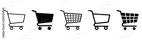Shopping cart icon vector set featuring supermarket trolleys and grocery baskets in clean line, outline, and solid silhouette styles.