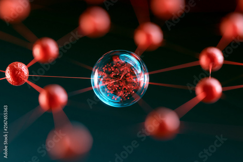 Microscopic molecular structure with glowing red spheres and a central transparent bubble. This conceptual biomedical illustration is ideal for pharmaceutical research and.