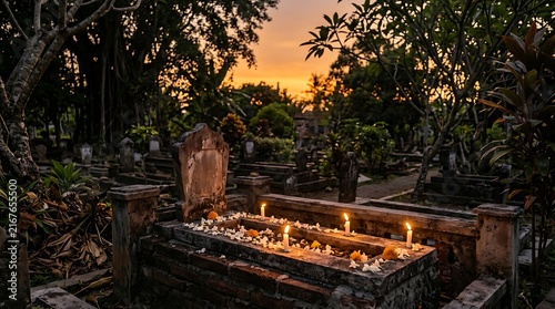 Stone grave with burning candles and flowers during sunset