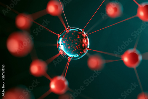 Glowing red and blue molecular network structure representing cellular biology. Perfect for scientific research and medical technology presentations.