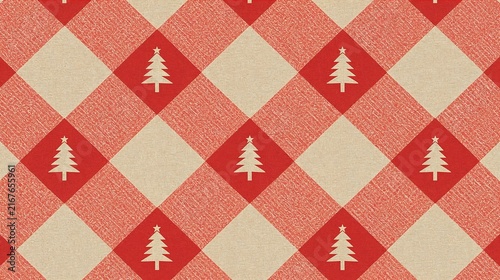 Red and white checkered christmas pattern background with detailed evergreen trees holiday background winter plaid