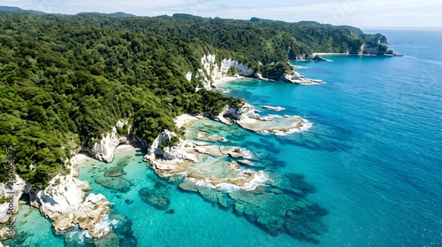 Aerial view of tropical limestone coastline with turquoise waters and lush greenery in summer