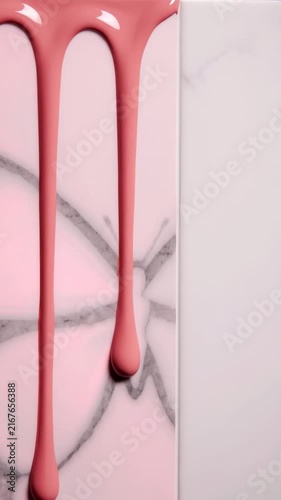 Soft Pink Liquid Paint Drips Cascading Over Elegant White Marble Surface Texture Background
