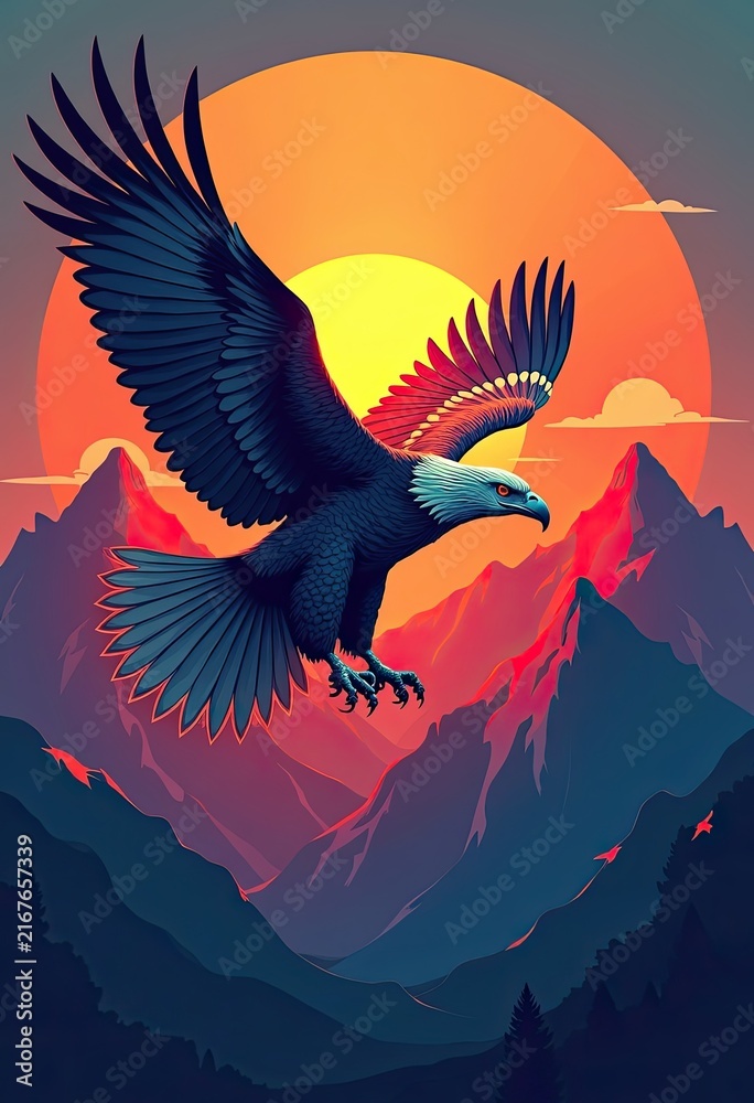 Obraz premium Eagle soars high above mountains during vibrant sunset