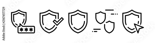 Security shield icons set, line art protection symbols, including password shield, verified checkmark, warning alert and cursor click shield isolated on white background flat vector illustration.
