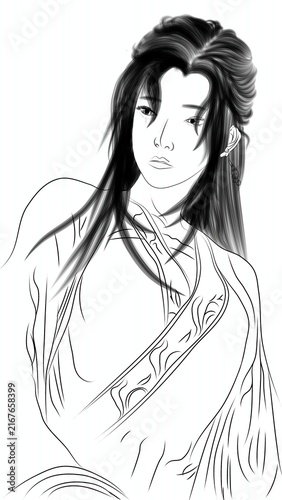 Fotografie Elegant Chinese Donghua Character in Traditional Hanfu Line Art
