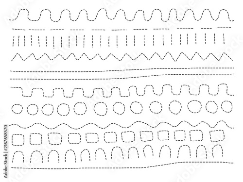 Tracing lines worksheet for kids. Preschool fine motor skills activity with dashed wavy, straight, zigzag lines, circles and squares. Handwriting practice copybook page isolated on white.