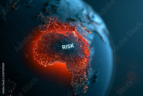 A glowing red map of Africa highlighted with the word risk on a dark digital globe. This concept illustration represents global crisis and geopolitical threat.