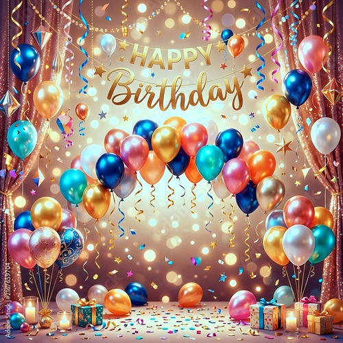 Happy birthday party backdrop decorated with colorful balloons and gift boxes