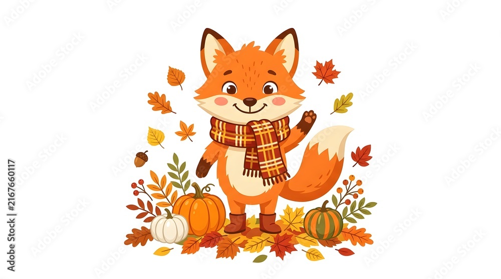 Fototapeta premium Cute cartoon fox wearing a plaid scarf, standing among autumn leaves, pumpkins, and acorns on a white background