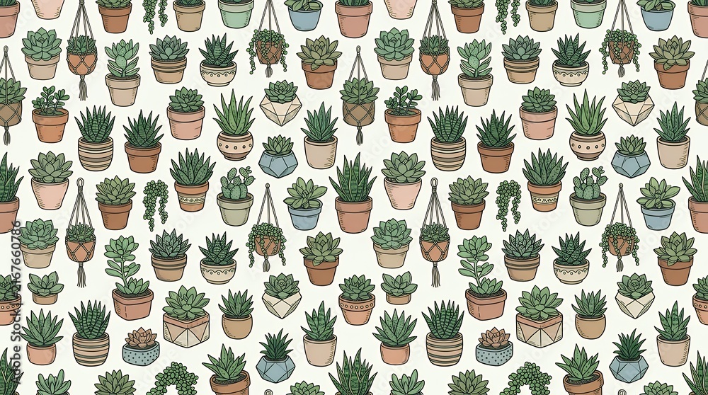 Potted Succulent Plant Continuous Pattern Hand Drawn BotanicalDesktop Screen Wall Deco cactus potted plants succulents seamless pattern hand drawn botanicaldoodle flora indoor