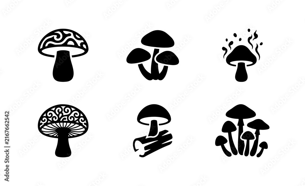 Obraz premium Mushroom Icons Set, Forest Fungi Vector Graphics, Woodland Elements, Nature Symbols