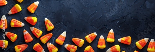 Overhead view of Halloween treats featuring candy corn and pumpkins
