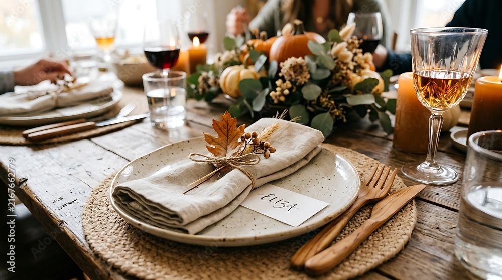 Fototapeta premium Autumn dinner table place setting with name card and pumpkin.
