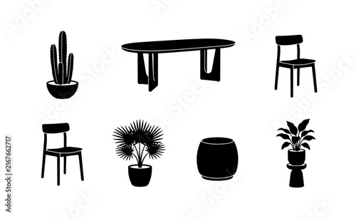 Modern Furniture Icons, Minimalist Home Decor Silhouettes, Interior Design Elements, Vector Set