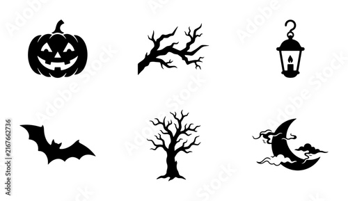 Halloween Icons Set: Pumpkin, Bat, Tree, Moon, Lantern, Branches Vector Graphics