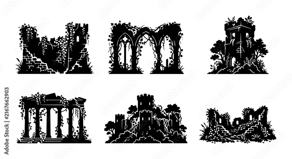 Fototapeta premium Ancient Ruin Silhouettes, Overgrown Castle Fragments, Gothic Architecture Remnants, Medieval Building Decay
