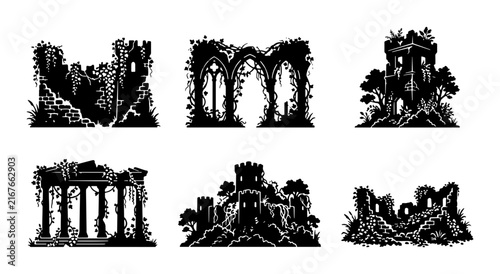 Ancient Ruin Silhouettes, Overgrown Castle Fragments, Gothic Architecture Remnants, Medieval Building Decay
