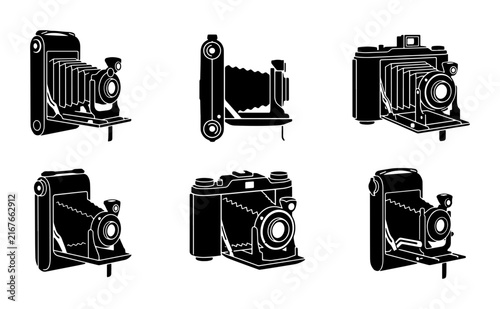 Vintage Camera Icons, Retro Photography Equipment, Classic Film Devices, Set of 6