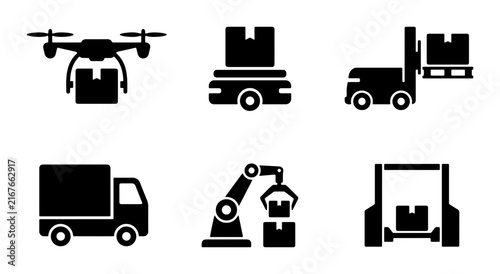 Logistics Icons: Drone, Robot, Forklift, Truck, Arm, Warehouse Delivery Set