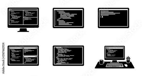 Computer Code Screens, Programming Terminal Displays, Digital Data Interfaces, Software Development Icons