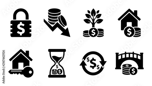 Financial Icons Set: Security, Growth, Real Estate, Time, Exchange, Bridge