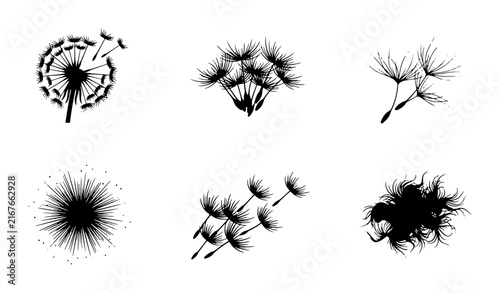 Dandelion Seed Icons, Black and White Vector Graphics, Delicate Flora Elements, Nature's Flight Collection