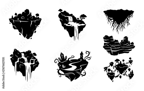 Floating Islands Vector Set, Fantasy Landscapes, Mystical Worlds, Nature Elements, Black Silhouettes