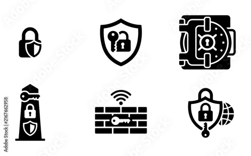 Security Icons: Lock, Shield, Safe, Firewall, Key, Globe, Data Protection Vector Set