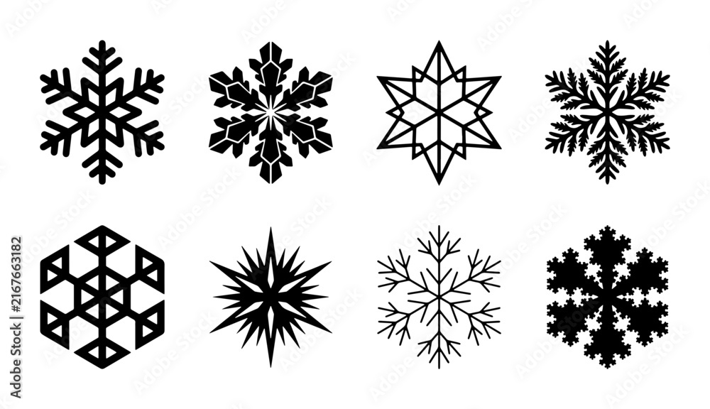 Obraz premium Eight Black Snowflake Icons, Winter Holiday Vector Graphics, Geometric Snow Crystal Designs