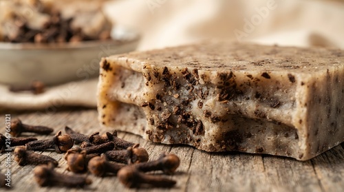 Handmade clove herbal soap bar with exfoliating dry clove buds on rustic wood surface.