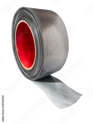 Silver adhesive tape role with unrolled strip, isolated industrial duct tape on transparent background