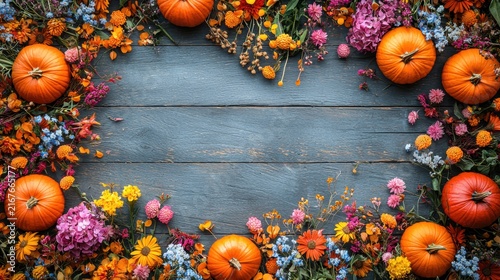 Seasonal rustic display with vibrant flowers, pumpkins, and squashes on wooden table. Autumn harvest and flower arrangement theme