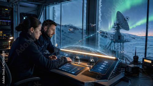 Researchers monitor satellite communications and orbital data from a remote Arctic control station with a radio telescope under the northern lights.