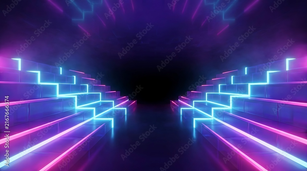 Naklejka premium Glowing neon blue and pink staircase, abstract geometric tunnel with light strips and dark reflective floor in a futuristic digital space