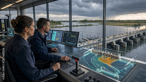 Engineers monitor a smart dam and water management system using digital twin visualization, representing flood control, hydropower, automation and infrastructure technology.