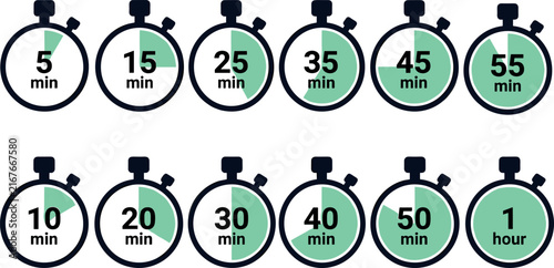 Foto Modern stopwatch timer icon set featuring time intervals from 5 minutes to 1 hou