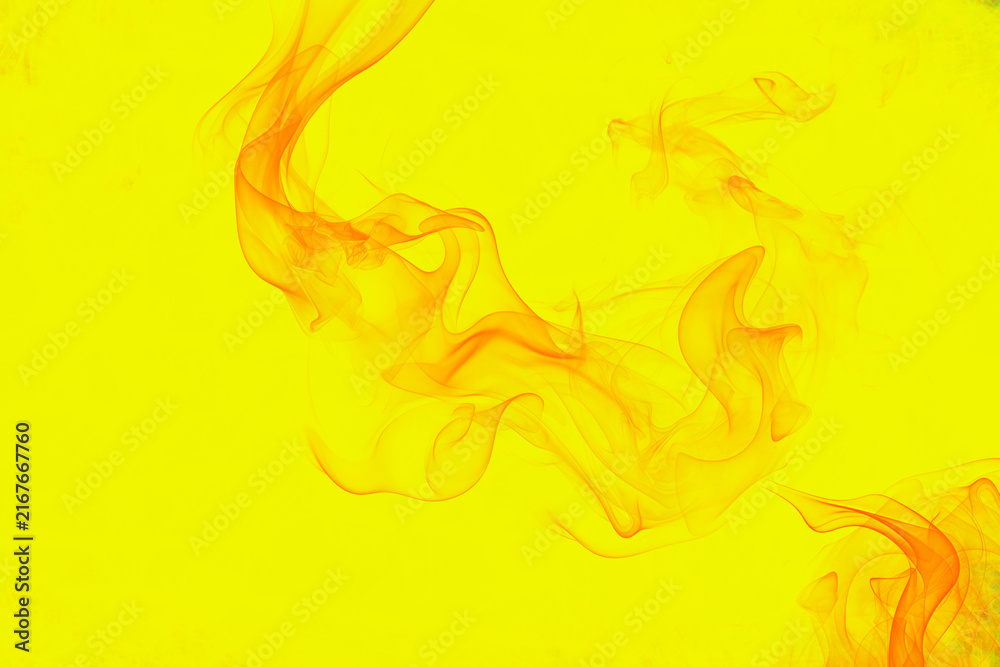 Obraz premium Abstract orange smoke on yellow background. Vibrant wispy vapor illustration. Dynamic fire and heat texture for creative design projects.