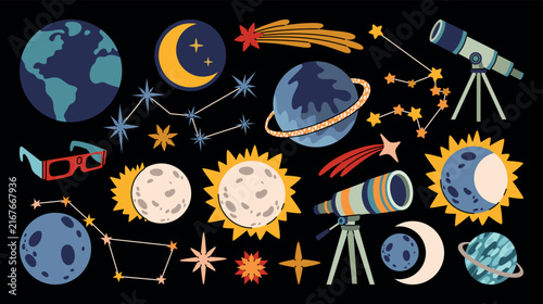 Hand drawn space exploration set of planets, Earth, Moon, lunar and solar eclipse, Sun, Saturn, stars, constellations, comets, telescopes, astronomy glasses. Illustrations of outer space and astronomy