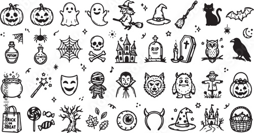Collection of hand drawn Halloween doodle icons featuring pumpkins ghosts witches and spooky holiday elements