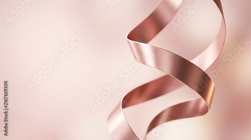 Soft rose gold satin ribbon spiraling vertically on a delicate pink background with spiral ribbon metallic ribbon curled ribbon luxury bow