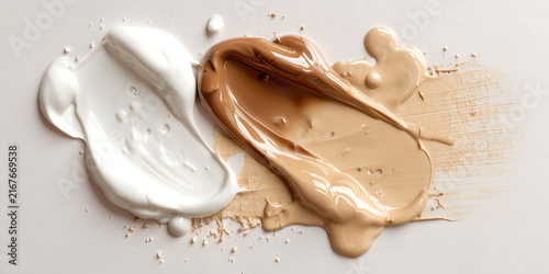 Cosmetics production. White and beige cream textures are blended and tested, representing skincare formulation, foundation products and beauty manufacturing.