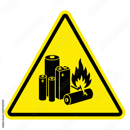 Battery hazard warning sign featuring various battery types and a burning cell symbolizing danger improper disposal and safety concerns
