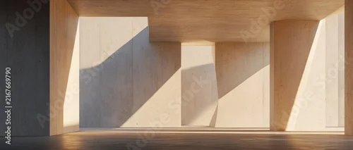 Panel kuchenny z motywem Interior architecture, minimalist concrete space with geometric walls and natural sunlight demonstrates modern design, spatial planning and brutalist construction.