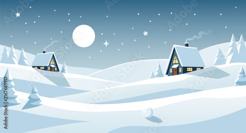 winter landscape with houses and trees in the snow
