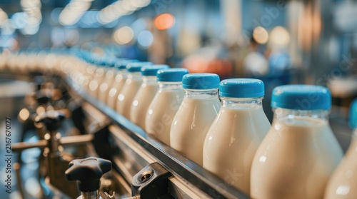 Dairy production, bottled milk moves along an automated conveyor line during filling and packaging at a modern food processing factory.