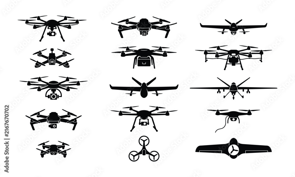 Fototapeta premium Collection of various drone silhouettes and unmanned aerial vehicle icons for technology and surveillance design
