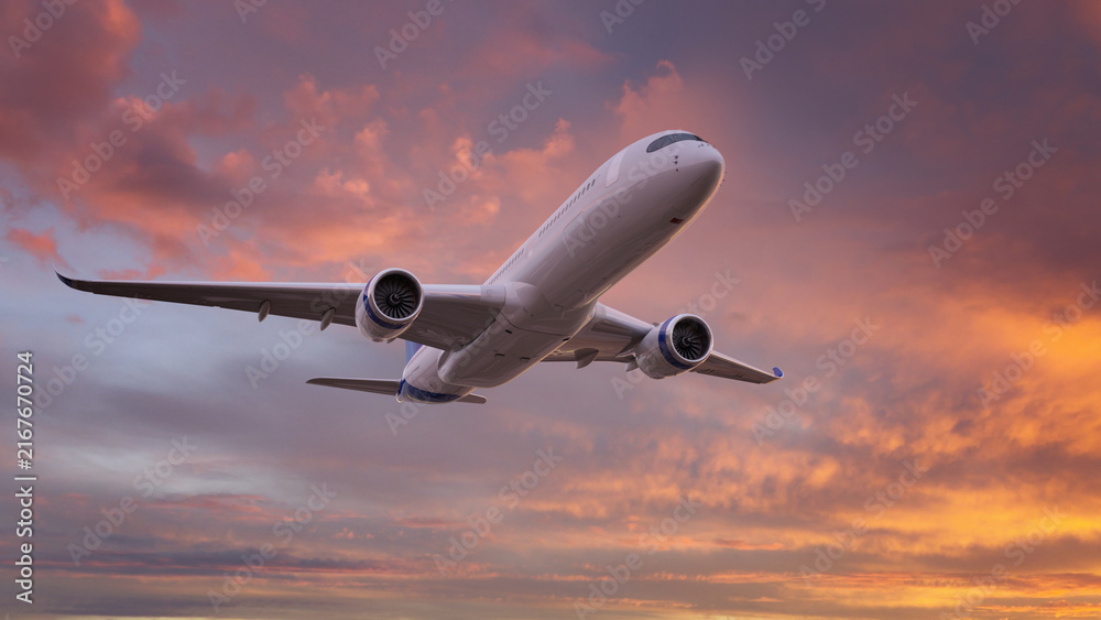 Naklejka premium Commercial airplane climbing through a colorful sunset sky with pink, orange, and purple clouds, featuring two engines and passenger windows.