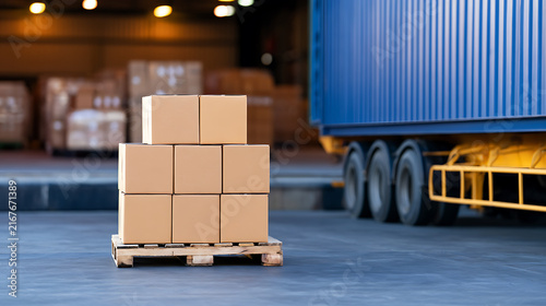 Cardboard boxes stacked neatly on wooden pallet outside distribution warehouse next to large freight truck ready for transport and delivery
