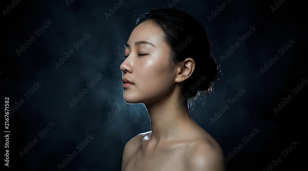 Fototapeta premium Young East Asian woman with bare shoulders in profile, eyes closed